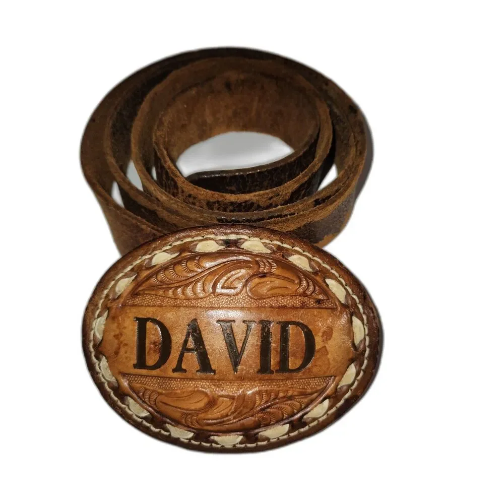 Vintage 70s DAVID Genuine Brown Leather Belt with Hand Tooled Leather Buckle